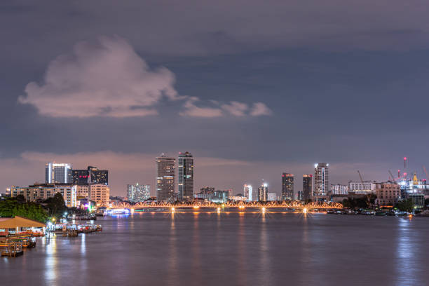 Long exposure night land scape at Rama VIII bridge, the famous suspension bridge in Thailand , Bangkok, Thailand