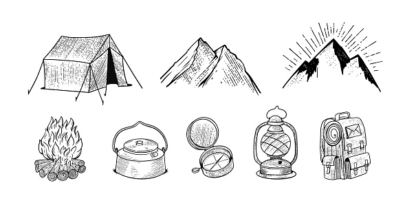 Hand drawn black color camping elements set. Travel or adventure tourism sign line art sketch vector illustration. Isolated objects on white background.