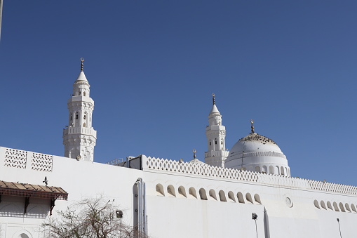 Al Shafei mosque seen from Suq Al Jami - Al Mazloum, Al Balad district, Historic Jeddah, Saudi Arabia - UNESCO world heritage site
