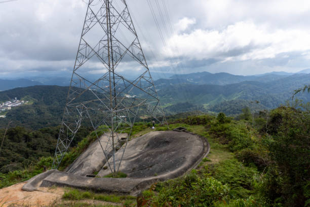 木々のある山の頂上にある大きな電柱と電線 - valley tree remote landscape ストックフォトと画像