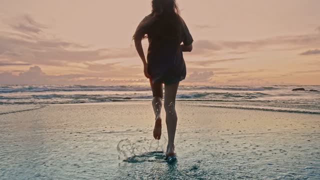 Beautiful Woman Running Barefeet at Summer Sea Beach Close Up. Romantic Concept of Alone Cheerful Girl Swimming in Ocean Water to Rest. Calm Day in Life of Fit Female at Surf Seascape in Natural Light