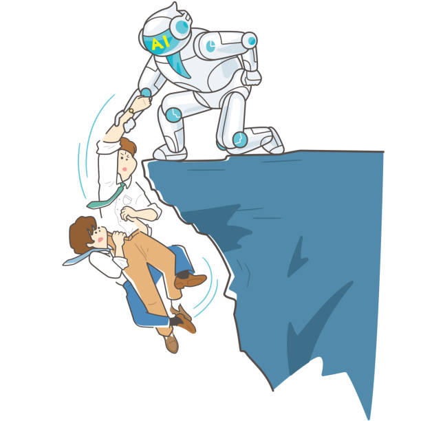 ilustraciones, imágenes clip art, dibujos animados e iconos de stock de dos empresarios caen de un acantilado y son rescatados por un robot de ia. - on top of business cliff businessman