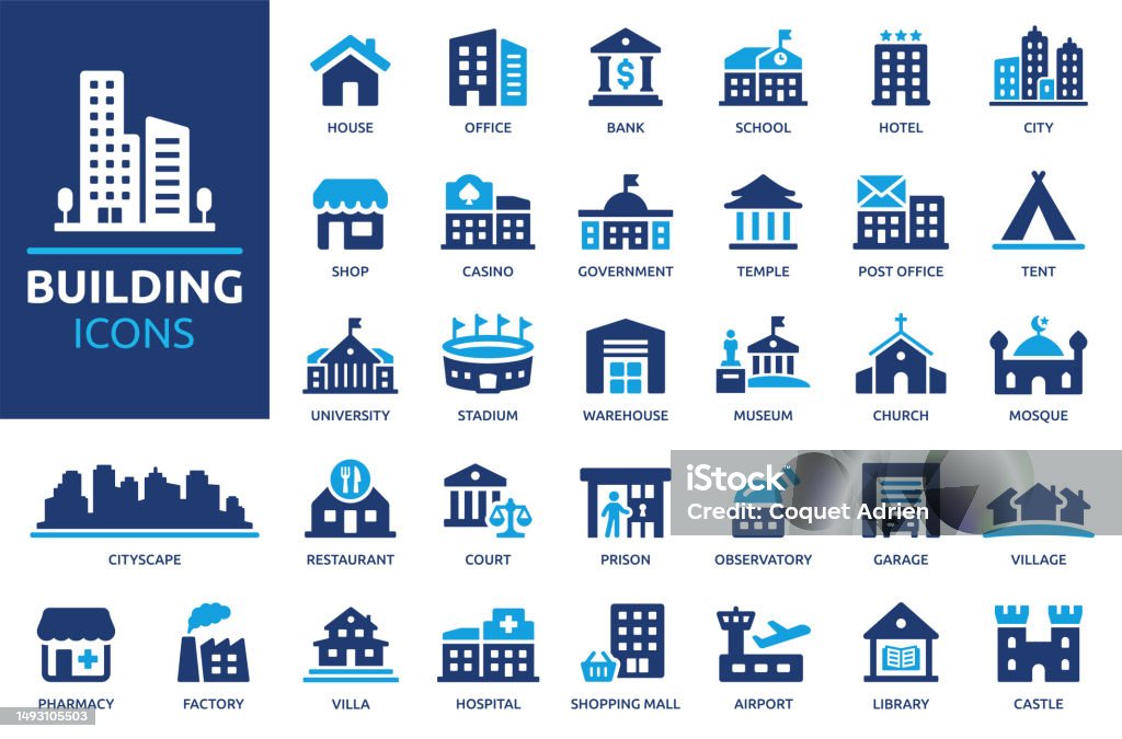 Building icon set. Solid icon collection. Vector illustration. - Royalty-free Simge Vector Art Building icon set. Solid icon collection. Vector illustration. - Royalty-free Simge Vector Art