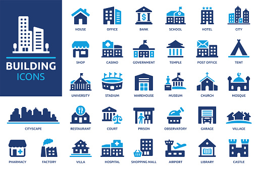 Containing house, office, bank, school, hotel, shop, university and hospital icons.