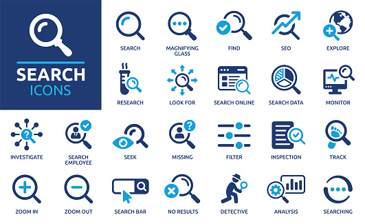 Containing magnifying glass, find, research, SEO and investigate icons.