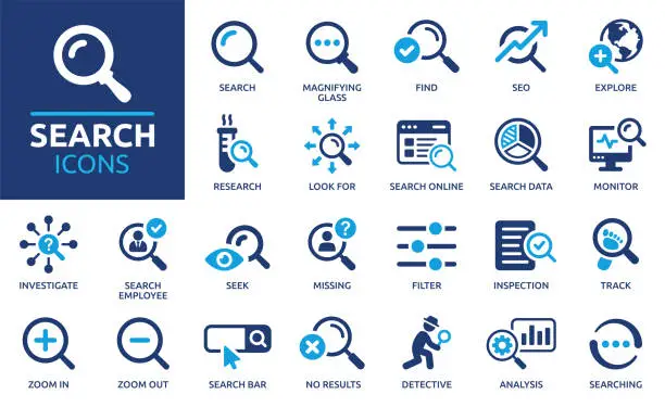 Vector illustration of Search icon set. Solid icon collection. Vector illustration.