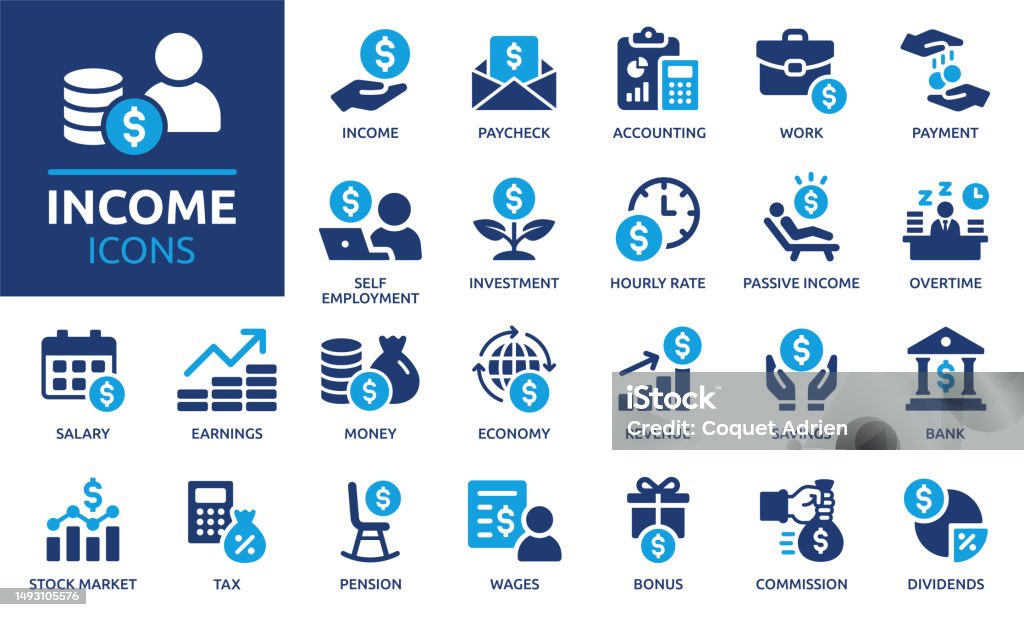 Income icon set. Solid icon collection. Vector illustration. Containing money, tax, earnings, payment, accounting, paycheck, work, pension and wages icons. Finance stock vector Income icon set. Solid icon collection. Vector illustration. Containing money, tax, earnings, payment, accounting, paycheck, work, pension and wages icons. Finance stock vector