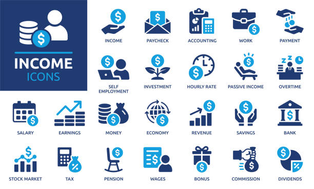 Income icon set. Solid icon collection. Vector illustration. Containing money, tax, earnings, payment, accounting, paycheck, work, pension and wages icons. finance stock illustrations