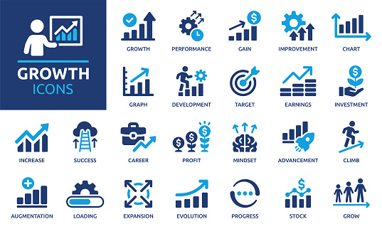 Containing performance, gain, improvement, grow, chart, increase, evolution and development icons.