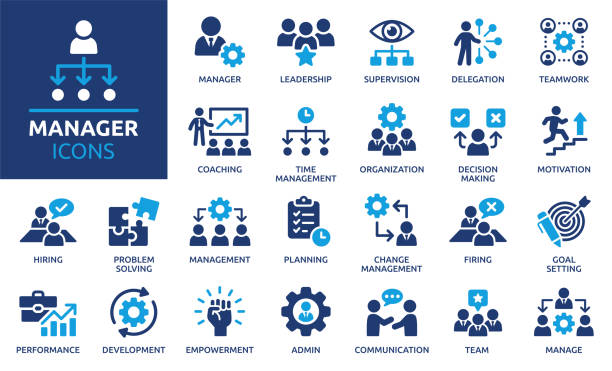 ilustrações, clipart, desenhos animados e ícones de conjunto de ícones do gerente. sólida coleção de ícones. ilustração vetorial. - organization chart illustrations