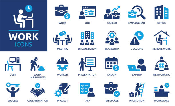 illustrazioni stock, clip art, cartoni animati e icone di tendenza di set di icone di lavoro. raccolta di icone solide. illustrazione vettoriale. - lavoro