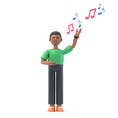 3D illustration of handsome afro man David singer and notes.3D rendering on white background.