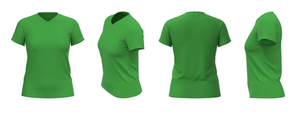 modello di t-shirt da donna, da quattro lati, isolato, colore verde - costole corte foto e immagini stock