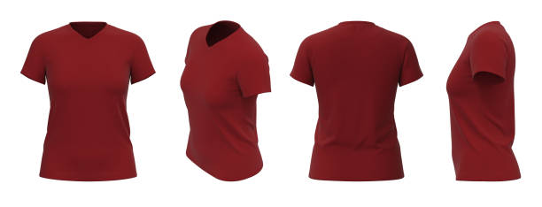 modello di t-shirt da donna, da quattro lati, isolato, colore rosso - costole corte foto e immagini stock