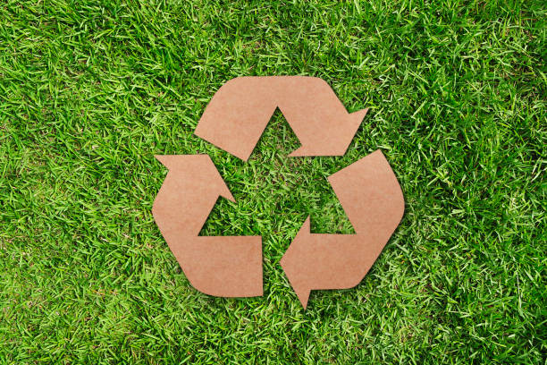 istock recycled brown paper symbol on green lawn. 1493108403
