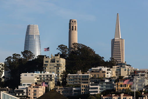 San Francisco, United States - May 1, 2023: The skyline of San Francisco viewed from Pier 39 at Fisherman's Wharf.  Seen in the background is the Salesforce Tower (left), Coit Tower (centre) and the Transamerica Pyramid (right).
