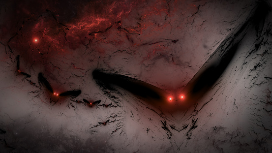 Fractal horror art, which suggests a flock of bats or evil winged creaures with glowing red eyes, flying in a stormy sky.
