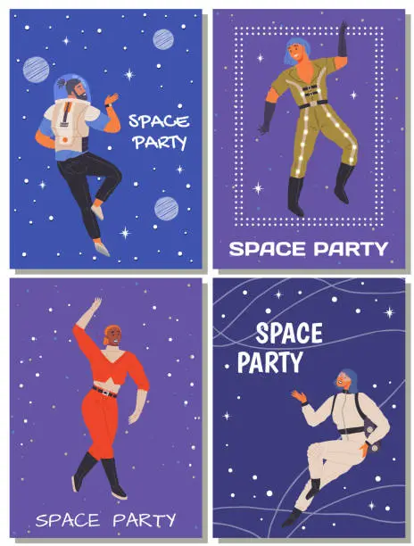 Vector illustration of Animators at birthday in cosmic style. Theme party in costumes. People in costumes have fun at space party poster