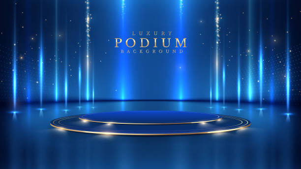 Empty podium golden on blue background with light neon effects with bokeh decorations. Luxury scene design concept. Vector illustrations. Empty podium golden on blue background with light neon effects with bokeh decorations. Luxury scene design concept. Vector illustrations. competition round stock illustrations