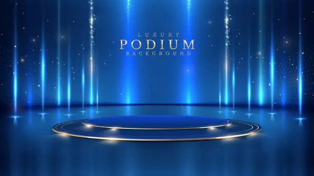 Vector illustration of Empty podium golden on blue background with light neon effects with bokeh decorations. Luxury scene design concept. Vector illustrations.