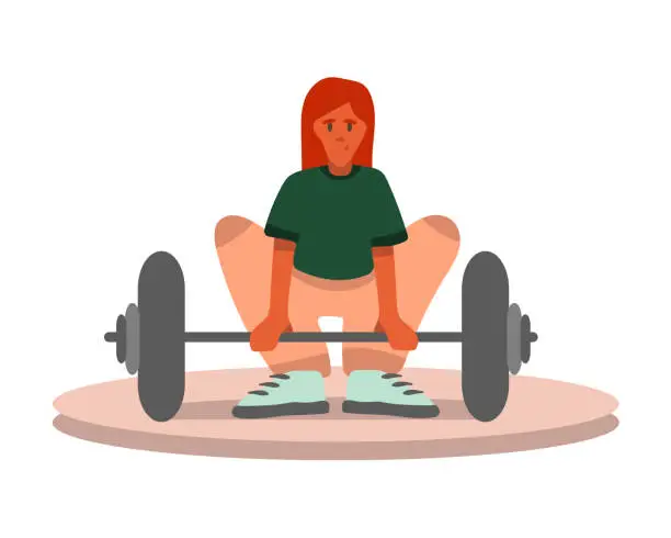 Vector illustration of Red haired concentrated cartoon girl lifting weights at gym vector