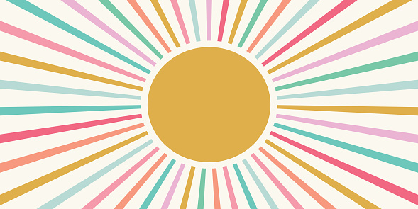 Sunshine background vector border with rainbow coloured rays. Bright and fun summer design element.