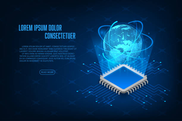 illustrations, cliparts, dessins animés et icônes de concept numérique et technologique de micropuce numérique de cpu isométrique vectoriel. connexion réseau globale avec concept. - semiconductor industry