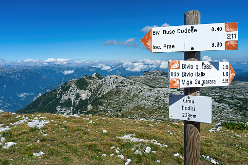 9 september 2020, Asiago, Italy: Indicative signs for hikers at Cima Dodici