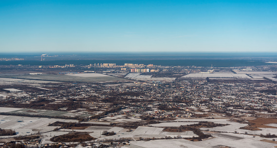 panoramic view from above in winter on the city of Kyiv Ukraine during the war with Russia
