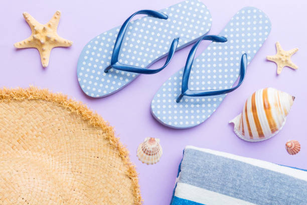 istock Summer vacation concept flat lay. beach accessories and towel top view. Space for text. travel concept 1493119793