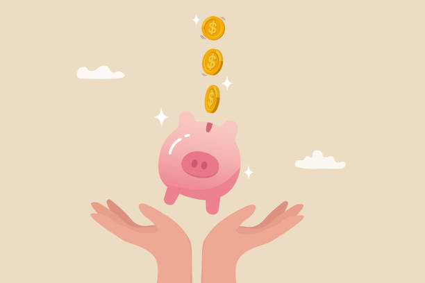 bildbanksillustrationer, clip art samt tecknat material och ikoner med frugality, savings for prosperity or financial success, building wealth or thrifty, budgeting or cut spending to save money for future concept, money dollar coins drop into hand holding piggy bank. - välbärgad livsstil