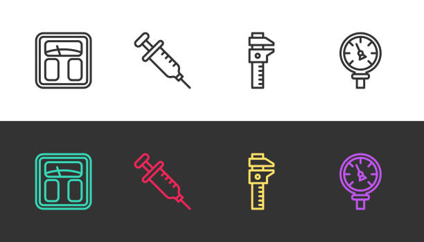 ustaw linię wagi łazienkowe, strzykawka, zacisk lub suwmiarka i wodomierz ciśnieniowy na czarno-białym. wektor - gauge white kilogram black stock illustrations