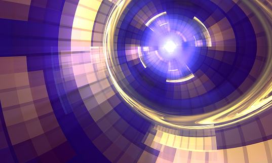 Abstract fractal art background in gold, blue and purple, which perhaps suggests a tunnel, or light reflected off a disco ball.
