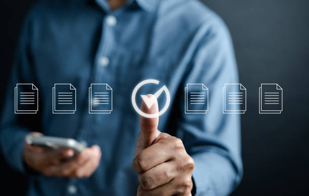 istock Checklist Quality management with Quality Assurance or QA and Quality Control or QC and improvement. Standardization certification. Compliance to regulations service and standards. 1493123284