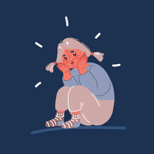 Vector illustration of Vector cartoon illustration of Little sad girl seeting at floor