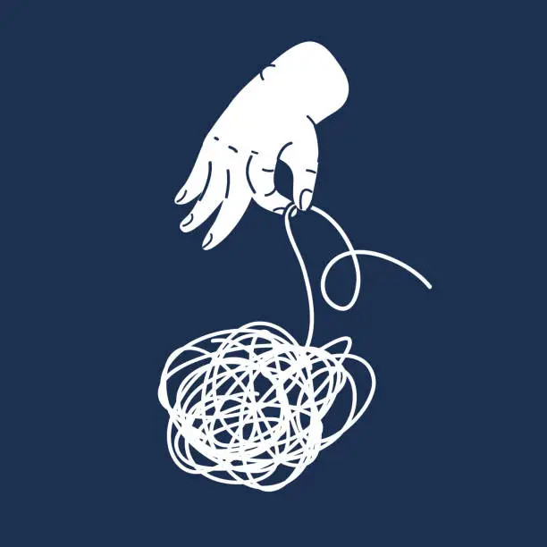 Vector illustration of Cartoon vector illustration of hand unravels a tangled thread on dark backround.