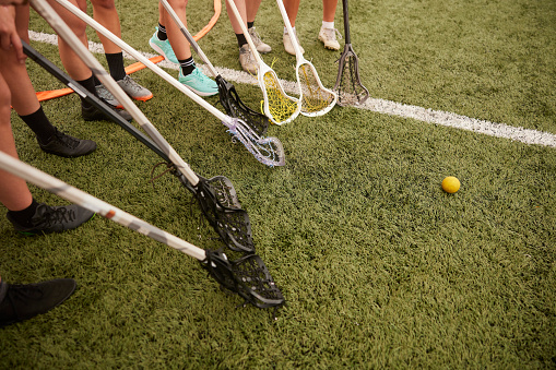 A powerful symbol of teamwork and unity, lacrosse sticks rest on the ground, forming a graceful semicircle around the ball.
