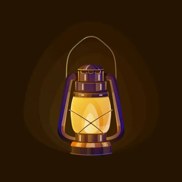 Vector illustration of Burning kerosene lamp in dark