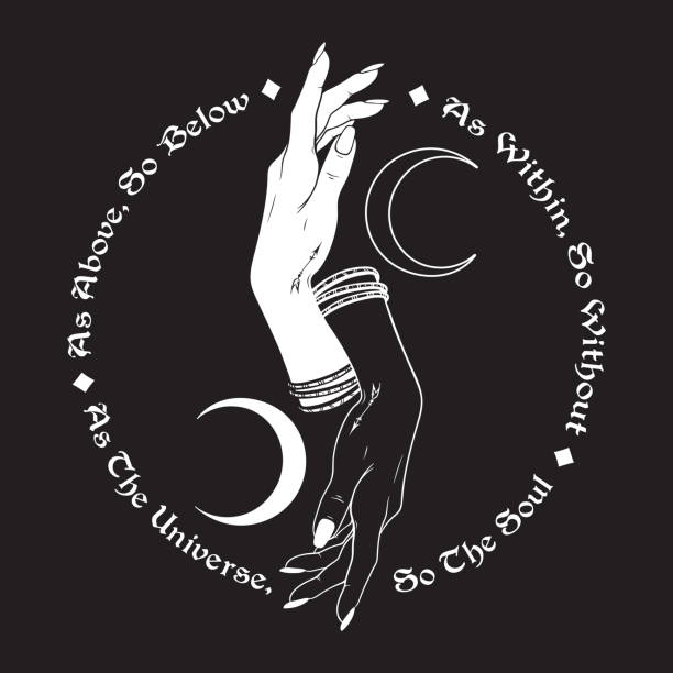 Hand of universe and human hand holding crescent moons. Inscription is a maxim in hermeticism and sacred geometry. As above, so below. Black work, flash tattoo or print design vector illustration Hand of universe and human hand holding crescent moons. Inscription is a maxim in hermeticism and sacred geometry. As above, so below. Black work, flash tattoo or print design vector illustration. woman tattoos stock illustrations