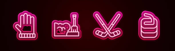 istock Set line Christmas mitten, Shovel in snowdrift, Ice hockey sticks and Stone for curling. Glowing neon icon. Vector 1493128285