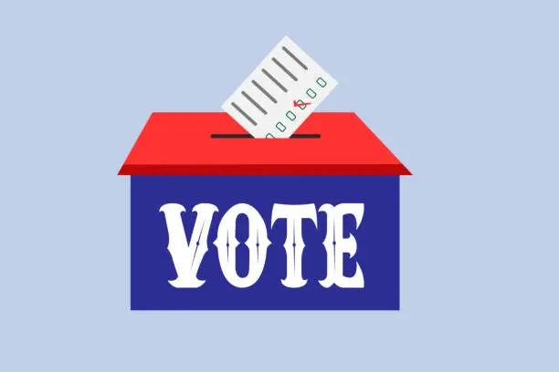 Vector illustration of Election Ballot Paper casting Into Voting Box. election candidate vote ballot cast. Political election presidential election voting booth polling station. voting process election day.