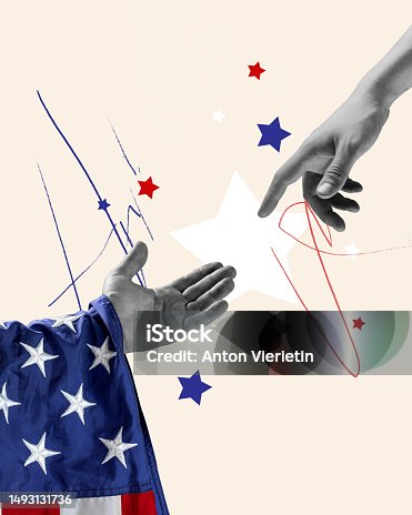 istock Contemporary art collage with hands dressed in national symbols over beige background. Creative artwork 1493131736