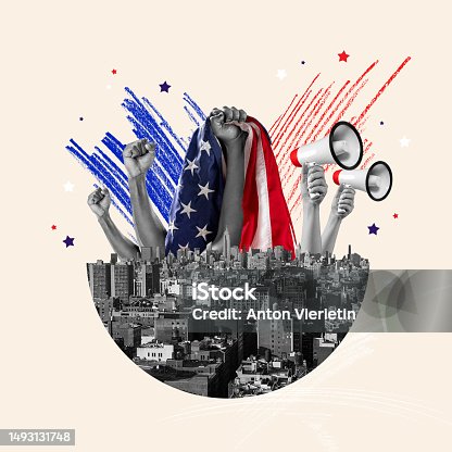 istock Contemporary art collage with hands of people holding megaphones and USA flag over city background. Greeting card Happy Independence day 1493131748