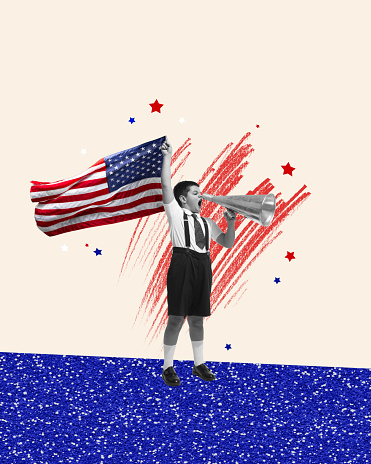 Little patriot. Contemporary art collage with little cute boy shouting through loudspeaker with USA flag in hand over light background. Happy Independence day, 4th July. National holiday, ad concept