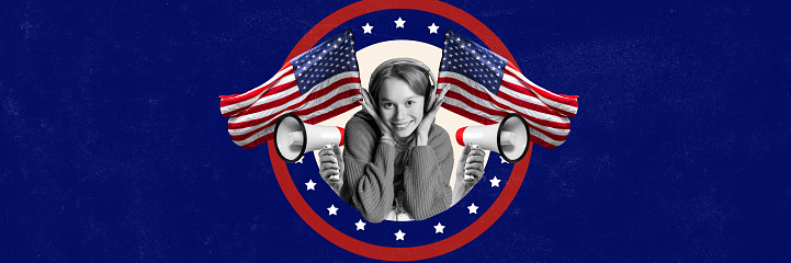 Contemporary art collage with happy teenage girl celebrating independence day of America with american symbols over blue background. Americans celebrate 4th of July. Banner. Usable as greeting card
