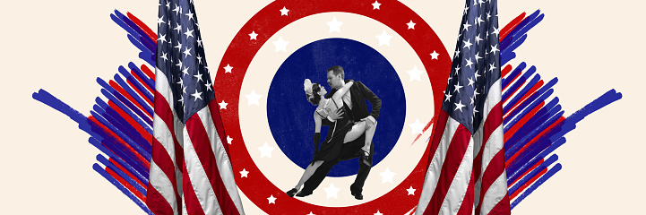 Contemporary art collage with couple of dancers, man and woman in festive vintage clothes dancing tango over national USA symbols background. Banner. American culture, 4th of july, ad concept
