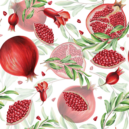 Watercolor seamless pattern with pomegranate seeds and flowers and leafs isolated. Half and a slice of pomegranate. Hand drawn realistic tasty organic garnet red fruit. For designers, Valentine's Day Cards, Party Invitations, wrapping paper covers.