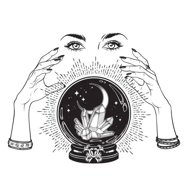 Vector illustration of Hand drawn magic crystal ball with gems and crescent moon in hands of fortune teller line art and dot work. Boho chic tattoo, poster, tapestry or altar veil print design vector illustration.
