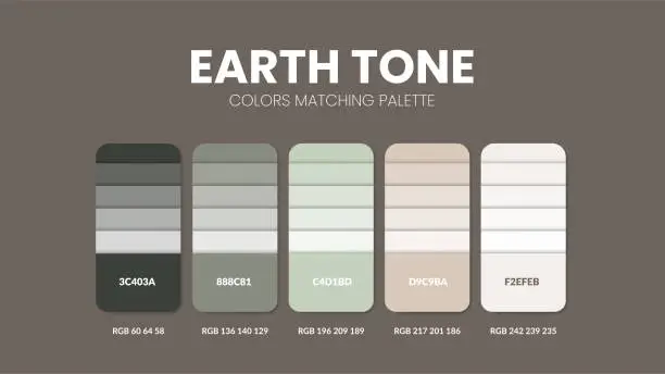 Vector illustration of Color palette in Earth Tone colour theme collections. Color inspiration or color chart with codes template. Color combination set of RGB. Colors swatch for graphic design, art, fashion and web design.