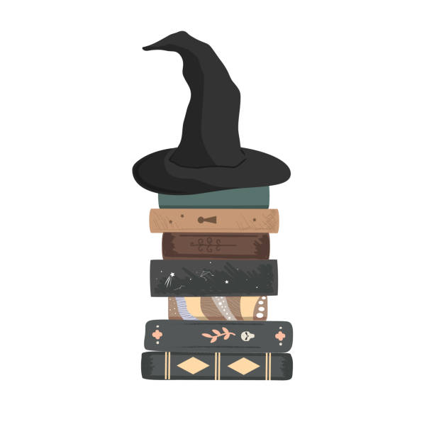 Pile of magic books with a witch hat on the top. Design element of wizard school or home interior, vector illustration. Pile of magic books with a witch hat on the top. Design element of wizard school or home interior, vector illustration book binding illustrations stock illustrations